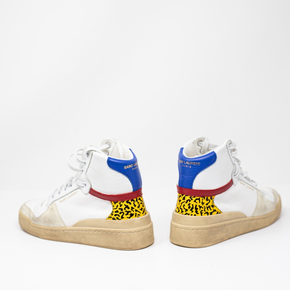 Saint Laurent Paris Mid Top Suede Leather Canvas Multi Printed Sneaker Shoes - Picture 3 of 4